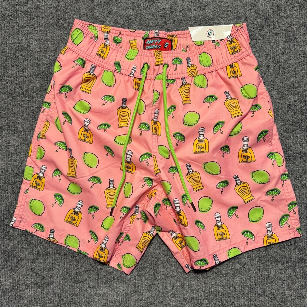 Party Sharks Tequila Men Small Swim Trunks Quick Dry Pink Novelty Print Shorts S